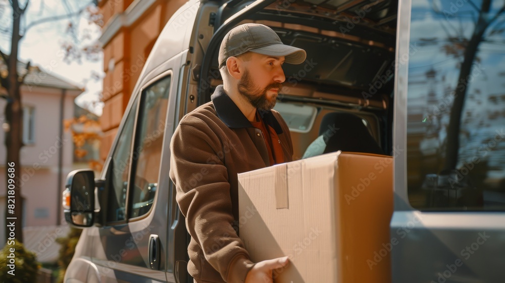 Poster delivering your purchases efficiently with a professional courier / loader who takes out the cardboa