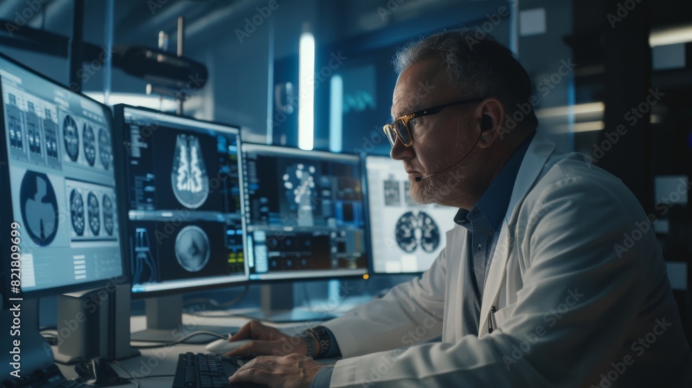 Poster photograph of an industrial engineer working in a research laboratory / development center, using a 