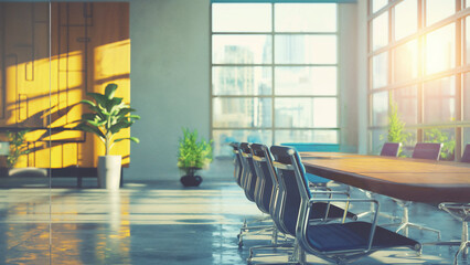 Empty corporate boardroom interior with bright sunlight and yellow color theme, Modern executive meeting space in urban city