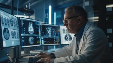 Photograph of an industrial engineer working in a research laboratory / development center, using a computer. He is developing a new concept design for an efficient engine.