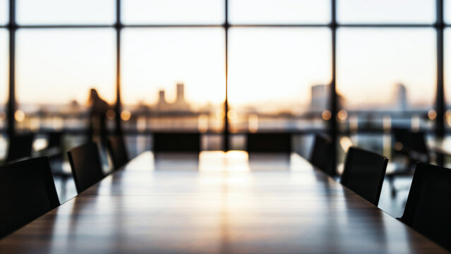 Symmetrical empty boardroom table at dawn, Corporate meeting room with soft focus background, Silhouette office chairs and urban windows