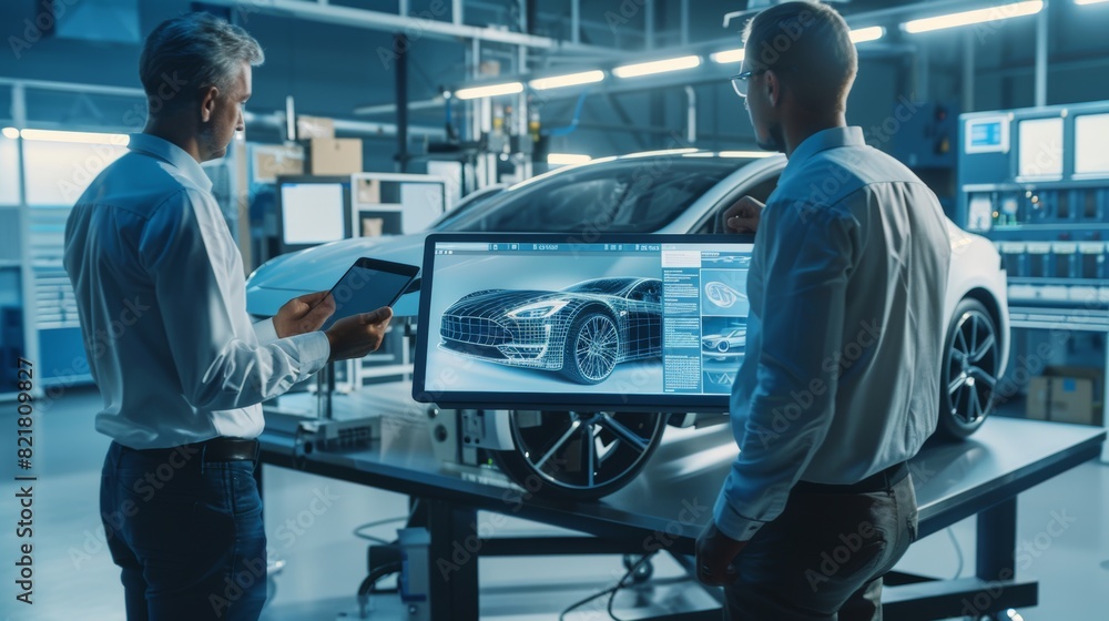 Poster the project manager and chief mechanical engineer talk to the camera, show a 3d electric car model u