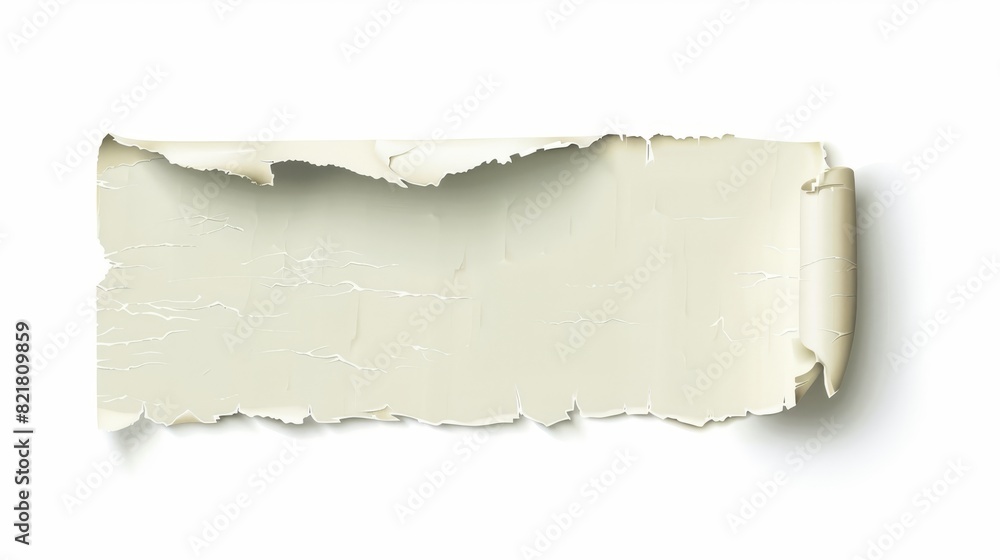 Poster modern image of ripped paper page with torn edge, clean canvas surface with scratched roll notice, n