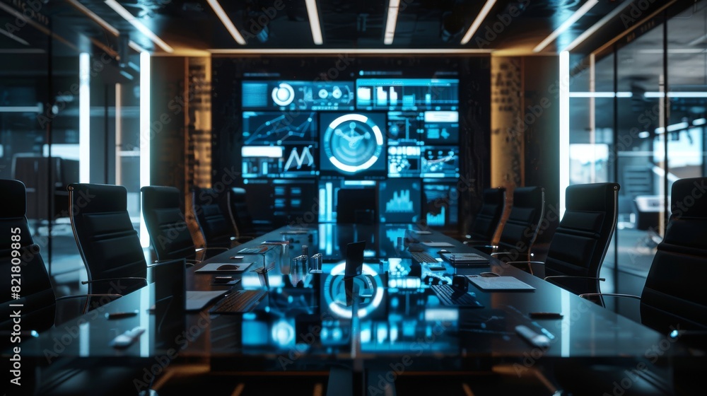 Poster a shot of an empty conference room with a table for discussing business opportunities and a digital 