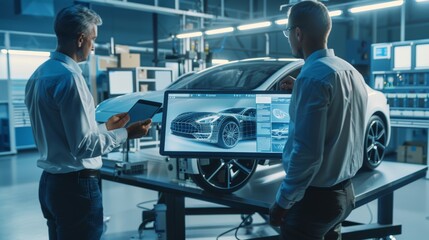 The project manager and chief mechanical engineer talk to the camera, show a 3D electric car model using CAD software on a digital tablet computer. It is the high tech facility with CNC machines that