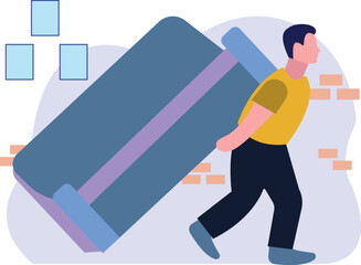 The boy is lifting the sofa.