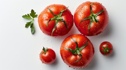 Fototapeta premium freh organic ripe tomatoes on branch, top view with copy space