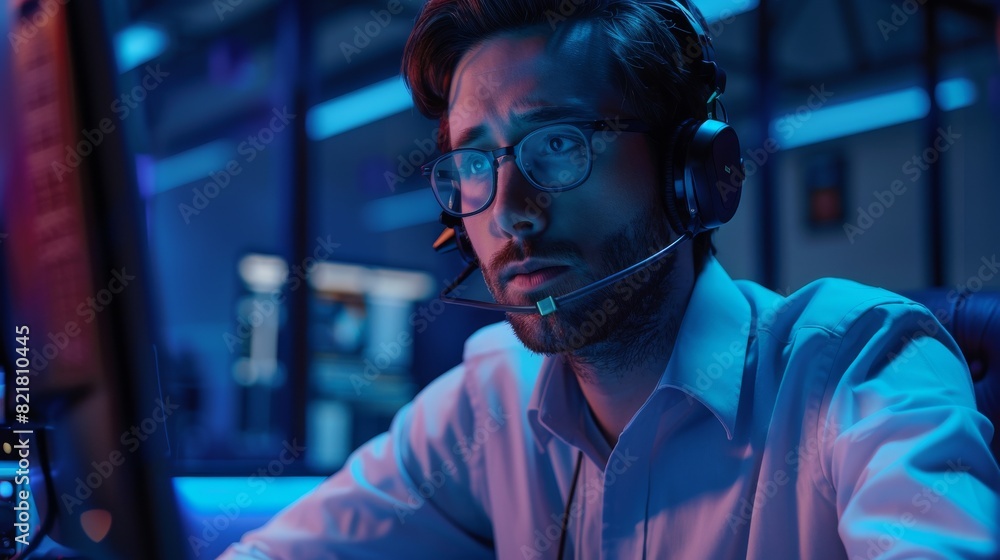 Aufkleber an experienced male data scientist works on an individual computer and wears a headset in a big infr