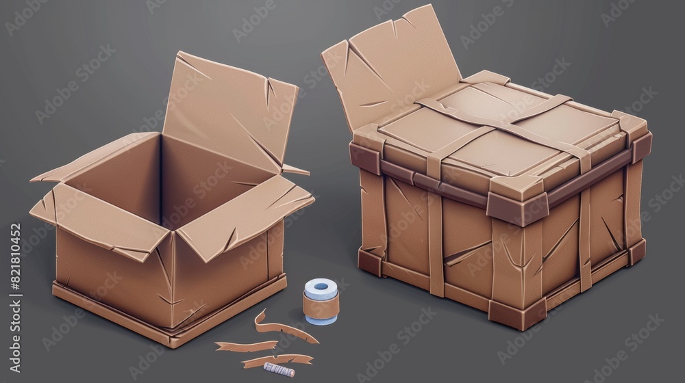 Poster empty cardboard delivery box 3d icon. realistic render of paper product container set in a warehouse