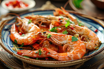 Grilled Shrimp with Fresh Herbs and Spices on a Decorative Plate