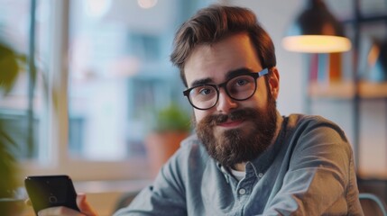 Obraz premium Using a smartphone, a young bearded man sits at his desk in an office in a bright modern environment.