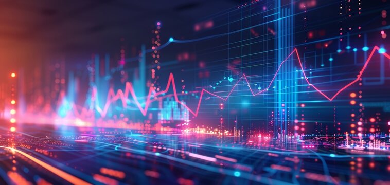 Abstract representation of financial data and stock market trends with glowing graphs and futuristic details.