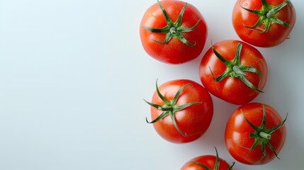 freh organic ripe tomatoes on branch, top view with copy space