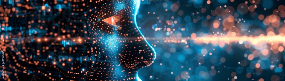 Poster the image shows a glowing blue head of a person made of tiny particles. the background is dark with 