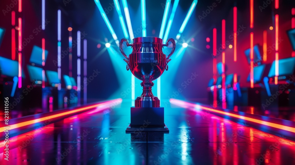 Poster the winner trophy for esports standing on a stage in the computer video games arena, two rows of com