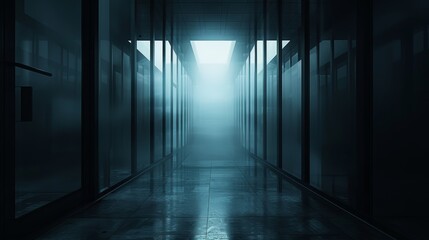 The image shows a dark and mysterious hallway with a bright light at the end