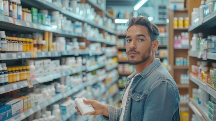 Portrait of a handsome Latin man who decides to get medicine at a pharmacy. He browses the shelf, finds the package he needs, and successfully buys it. Pharmacy Products.