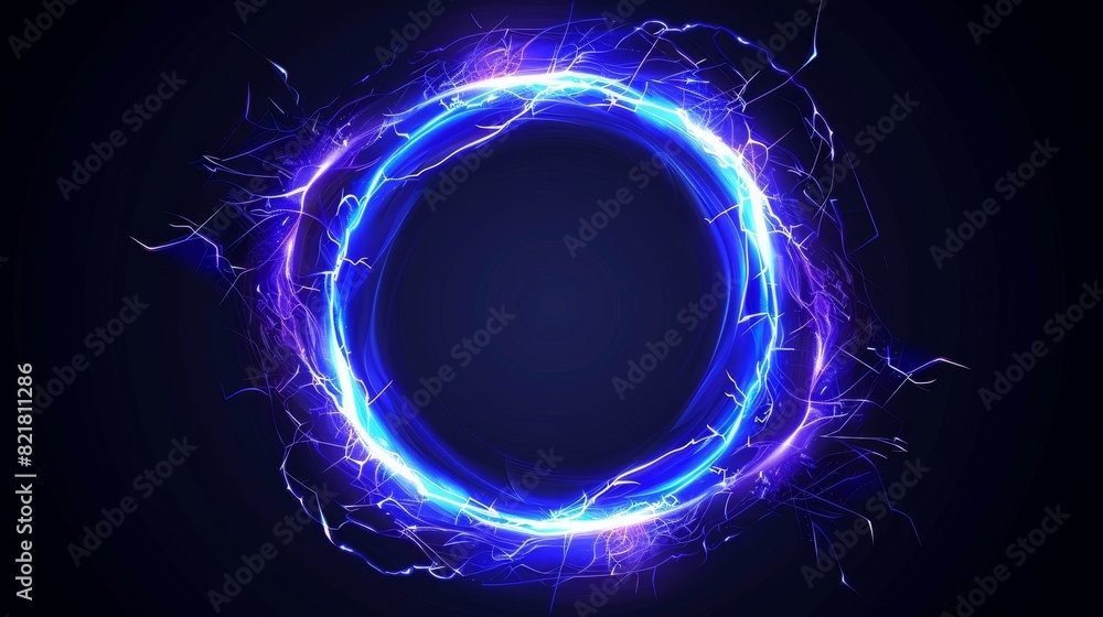 Poster 3d abstract blue circular swirl ball. lightning vortex explosion isolated frame element. hologram or