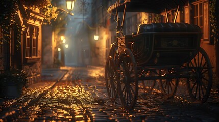 A stately horse carriage on a cobblestone street at high noon with a vibrant, clear sky. 8k, realistic, full ultra HD, high resolution and cinematic photography