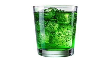 A clear glass filled with green soda with ice cubes floating inside