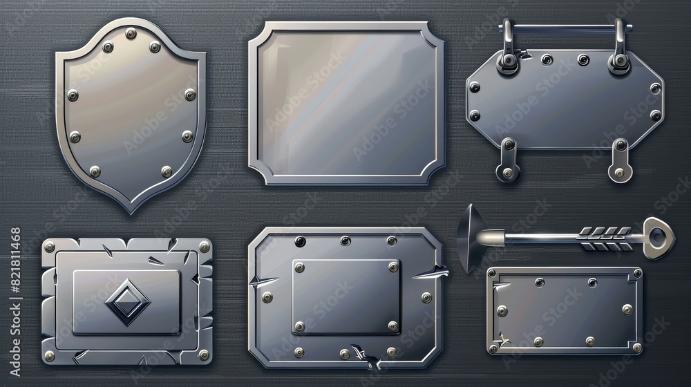 Poster this modern set of blank aluminum nameplates and boards with screws has a realistic design. it has a