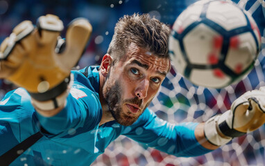 A soccer goalkeeper dives to block a shot
