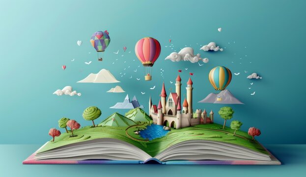 A book with open pages that form the shape of a fairy tale world, with hot air balloons and castles floating in it. 