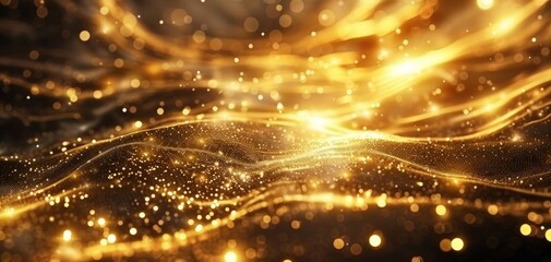 Abstract golden light beams and sparkling particles in a dynamic wave pattern create a mesmerizing,...