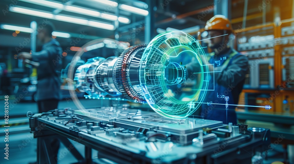 Poster diverse team of automotive engineers construct a 3d model of a high-tech electric engine turbine usi