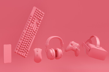 Modern home office setup featuring keyboard, VR glasses and headphones