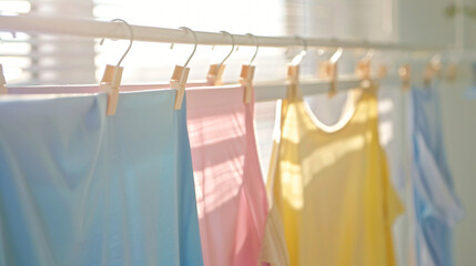 Clean laundry hanging on drying rack indoors closeup -