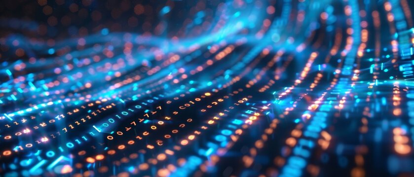 Abstract digital wave with binary code pulsating in dynamic glowing patterns, representing futuristic technology and data flow.