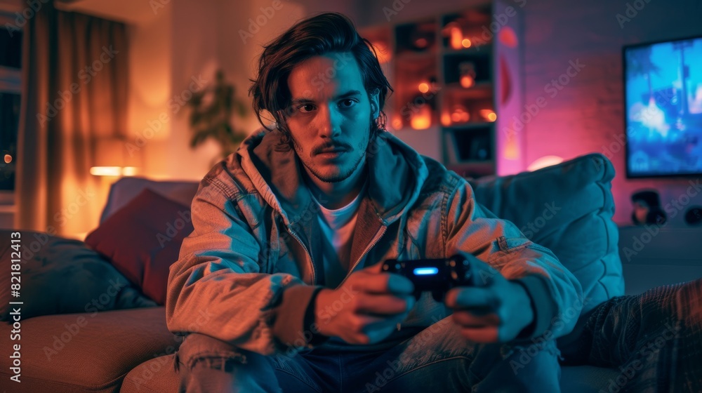 Poster a hyped streamer playing a video game online. an attractive man streaming mmo gameplay from his apar