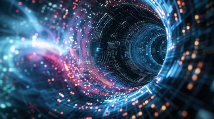 Obraz premium Abstract digital tunnel with futuristic lights and data flow, representing technology, innovation, and artificial intelligence.