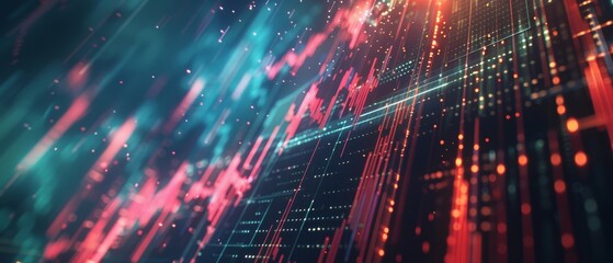Abstract digital interface displaying financial data analytics and stock market trends with futuristic design and vibrant colors.