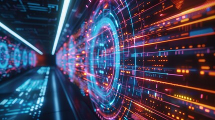Abstract digital interface with futuristic holographic elements in a vibrant tunnel, showcasing advanced technology and data flow.