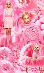 Fototapeta premium Fashion aesthetic moodboard, Hand made, magazine clipping collage. Top color of the season pink. 