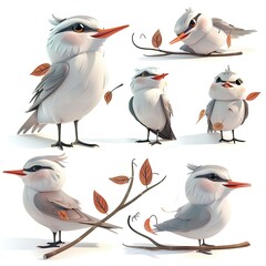 Little Arctic tern bird Cute character multiple posses and expression children's book illustration style