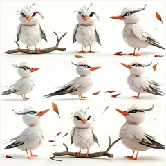 Little Arctic tern bird Cute character multiple posses and expression children's book illustration style