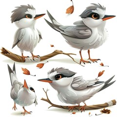 Little Arctic tern bird Cute character multiple posses and expression children's book illustration style