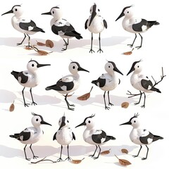 Little Avocet bird Cute character multiple posses and expression children's book illustration style