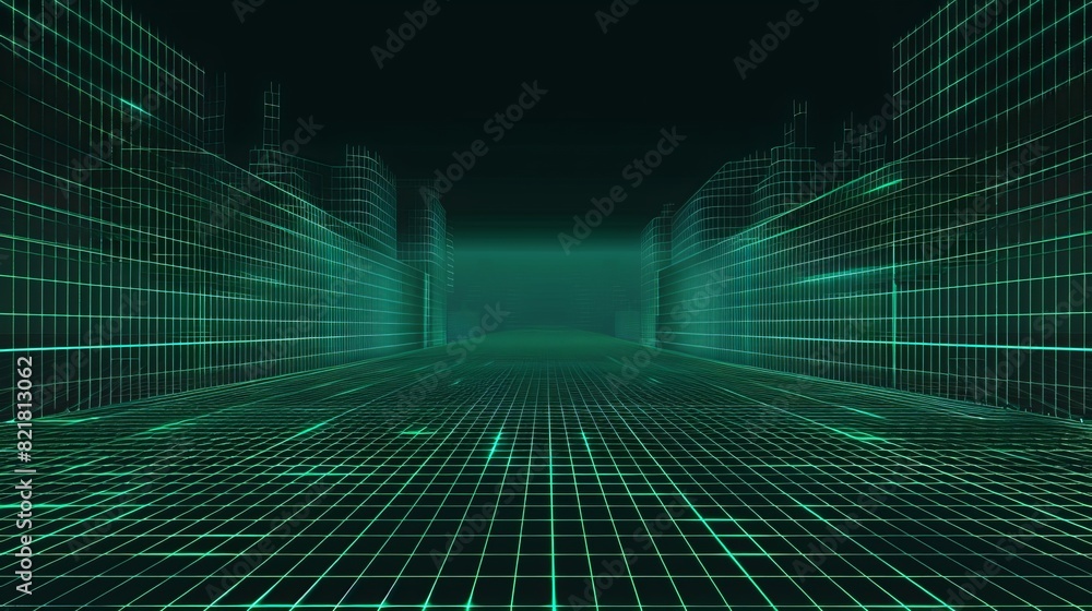 Poster an abstract wireframe landscape perspective. modern realistic illustration of green grid pattern on 
