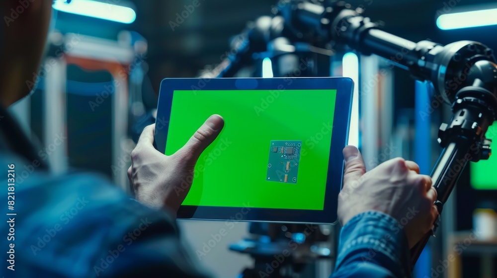 Canvas Prints Research and Development Office for an Automation Startup using a Tablet Computer with a Green Screen Mock Up Display Screen displaying Augmented Reality. Robotic Arm Holding a Microchip.