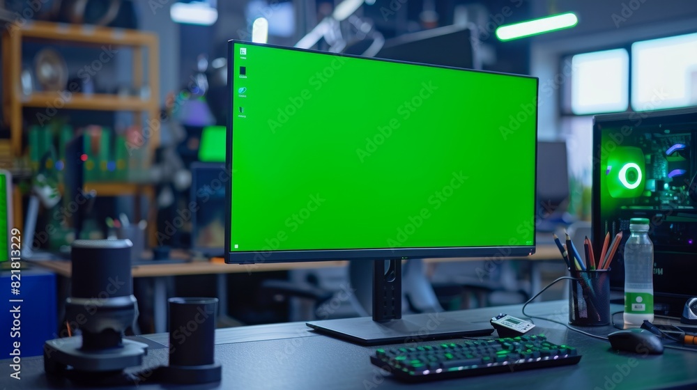 Poster modern factory engineer's office concept with green screen chromakey display screen. close-up of a c