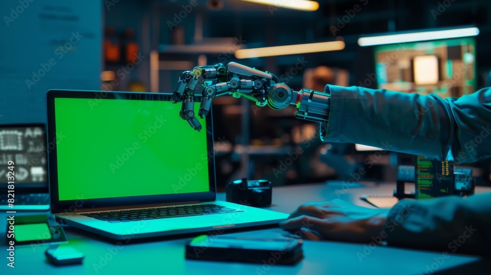 Poster the robotic engineer uses a laptop computer with a green screen mock-up display screen. robotic arm 