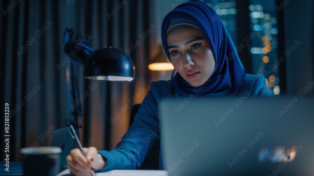 Poster the view from the camera of a beautiful multiethnic arab project manager talking to a colleague over