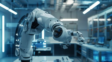 Robotic arm holding prototype microchip, inside a factory development workshop. Computers, machines, and research equipment. No people in the photo.