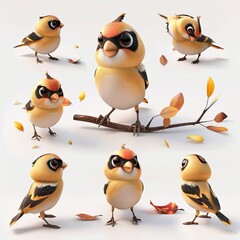 Little Gold Finch Bird Cute character multiple posses and expression children's book illustration style