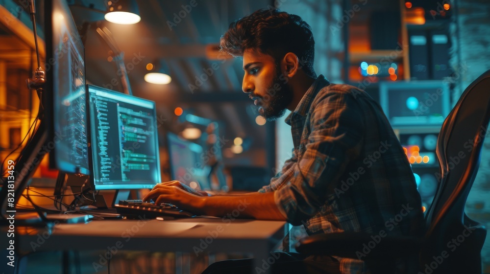 Poster this portrait depicts a handsome indian engineer working on a desktop computer in a technological of