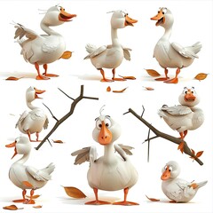 Little Goose Bird Cute character multiple posses and expression children's book illustration style